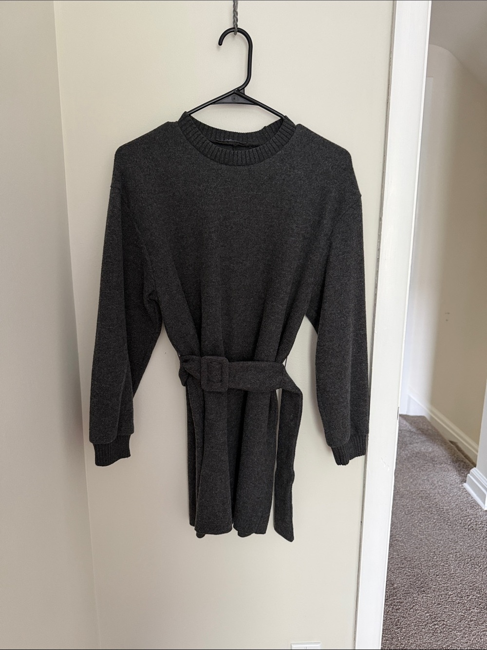 Charcoal Belted Crewneck Sweater Dress